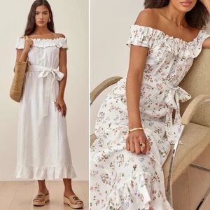 Reformation Off-Shoulder White Floral Midi Dress